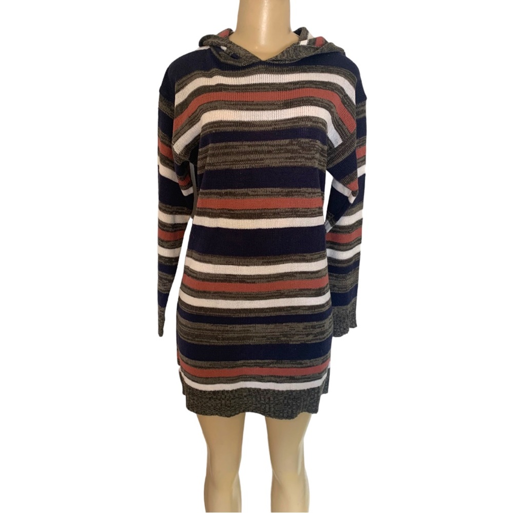 NWT Evelyn Taylor Light Knit Hooded Multi-toned Striped Stretch LS Sweater Dress